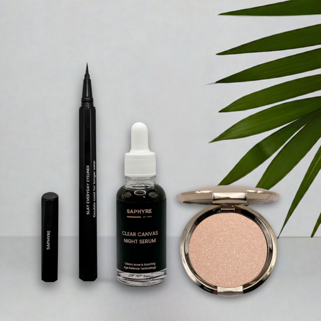 Sharpen, Shine, Smooth, Refine (Saphyre Slay Everyday Eyeliner, Saphyre Clear canvas Night serum, Saphyre Angel Glow highlighter)