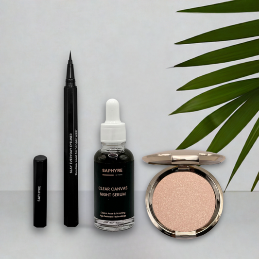 Sharpen, Shine, Smooth, Refine (Saphyre Slay Everyday Eyeliner, Saphyre Clear canvas Night serum, Saphyre Angel Glow highlighter)