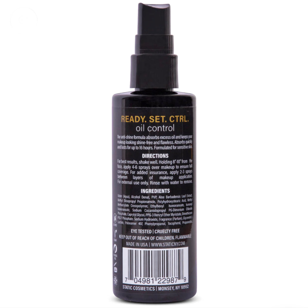 Static Ready. Spray. Control. oil & shine control setting spray KFP