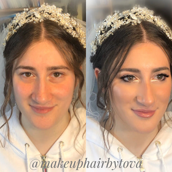 Bridal before and after glowy skin, big natural lashes, sparkles